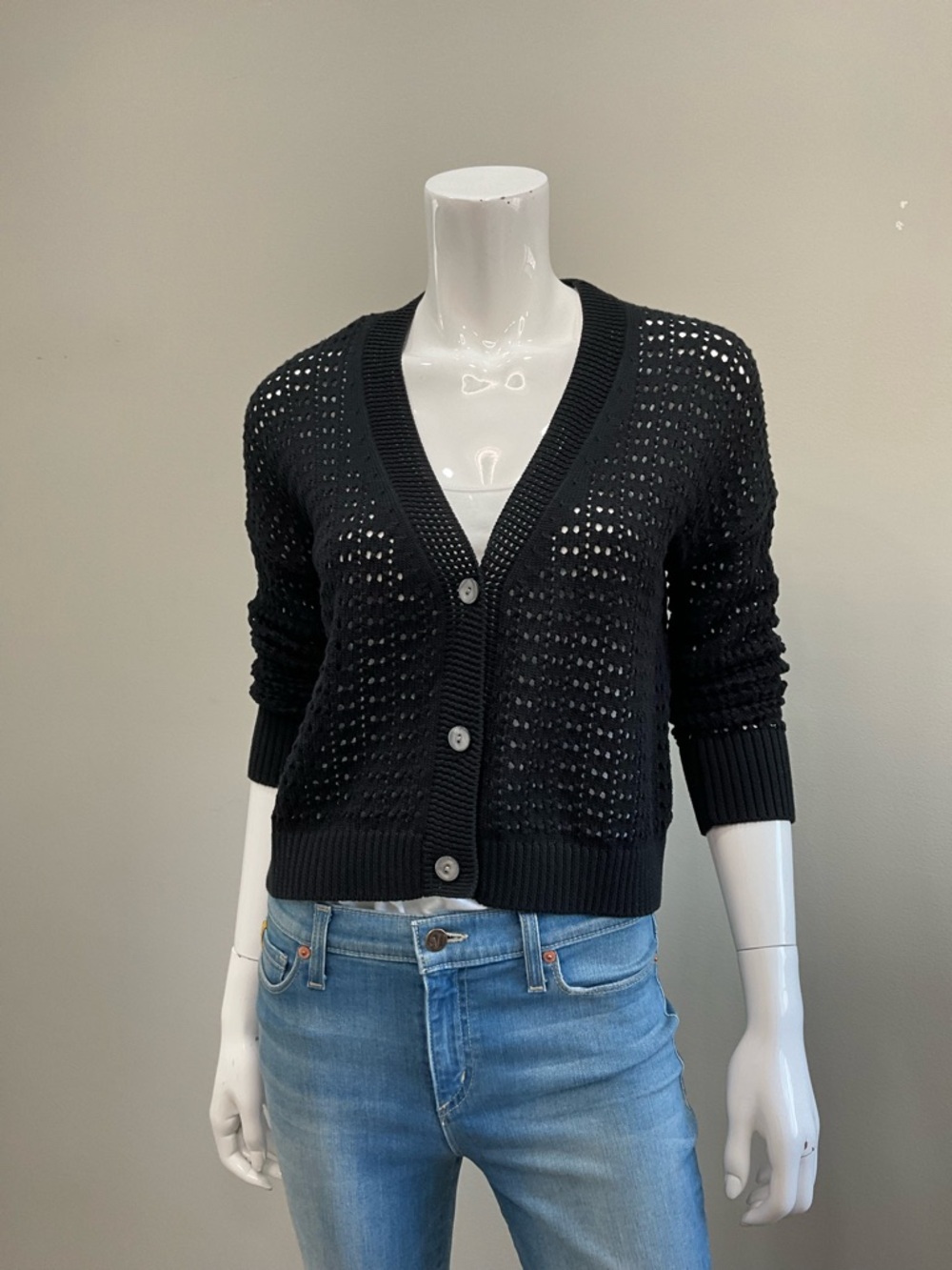 KOKUN Black Open Knit Cardigan V-Neck Button Front Lightweight XS